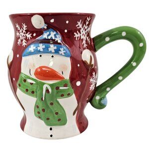 Pier 1 Imports JOLLY HOLIDAY SNOWMAN Large Red 20 Oz Dolomite Christmas Mug Cup